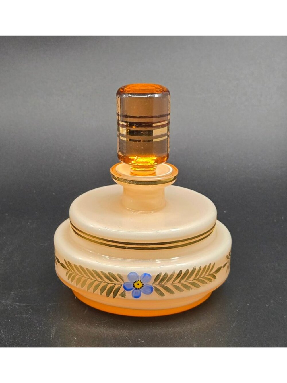 Vintage Czech Glass Peach Perfume Bottle With Hand-Painted Floral Designs